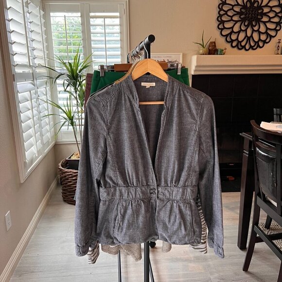 Eileen Fisher Jacket Womens Size Small Peplum Stand Collar 100% Cotton Chambray - Picture 15 of 15